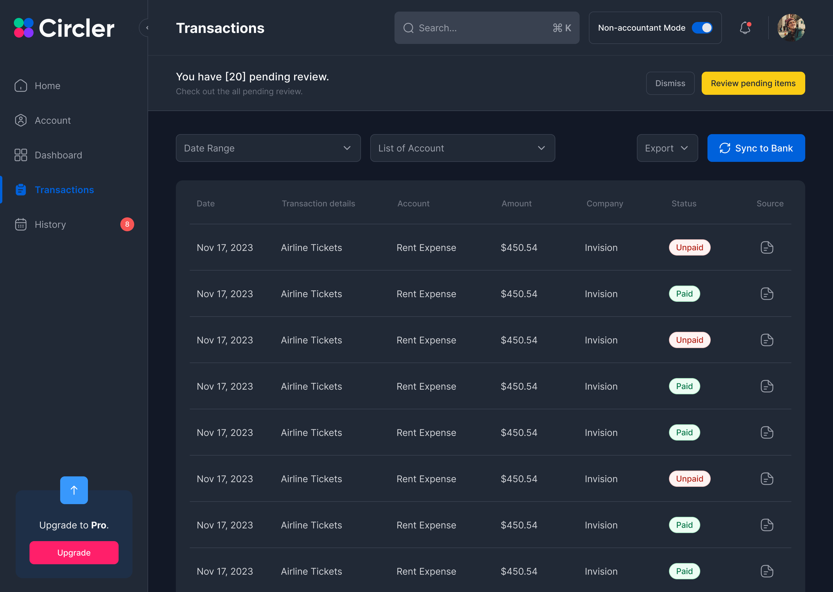 list of transactions in Circler